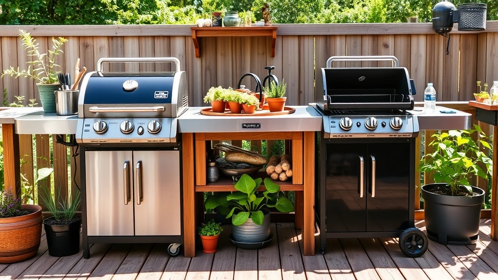 Outdoor kitchen garden setup with electric and gas grills side-by-side, sustainable wooden deck, potted herbs and vegetables, natural daylight, eco-conscious backyard design aesthetic