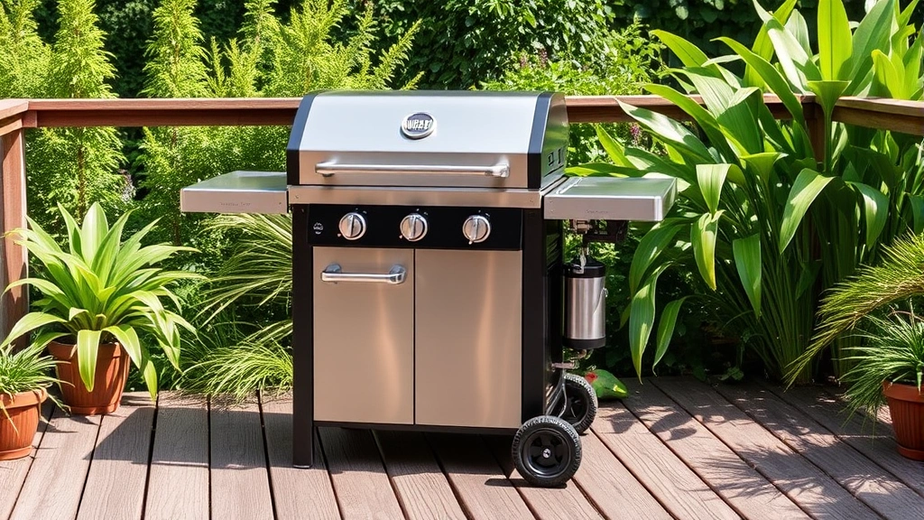 Modern stainless steel Weber portable gas grill on weathered wooden deck surrounded by green plants and natural sunlight, showing sleek design and quality construction details