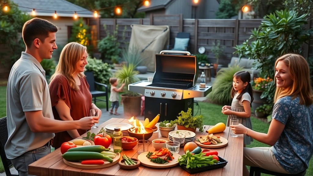 Family gathering around portable gas grill in backyard garden setting with fresh vegetables and sustainable locally-sourced ingredients on nearby table, warm ambient lighting