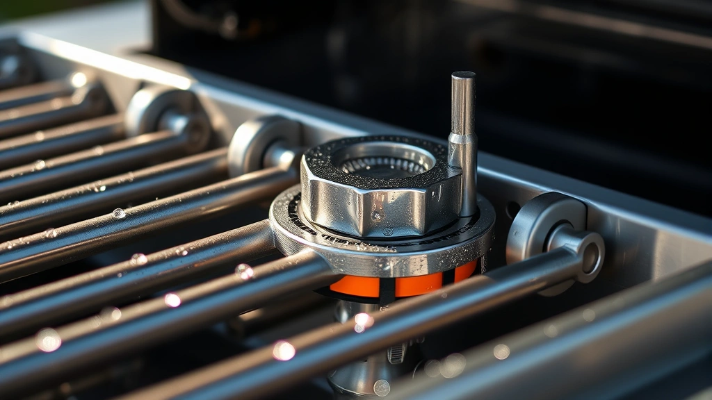 Close-up detail of Weber grill burner system showing precision engineering, heat distribution elements, and stainless steel components with water droplets reflecting sunlight