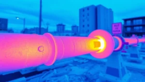 Thermographic infrared image showing heat signature of natural gas escaping from corroded pipeline joint in urban setting, with cool blue background transitioning to warm orange and red at leak source, photorealistic thermal imaging visualization
