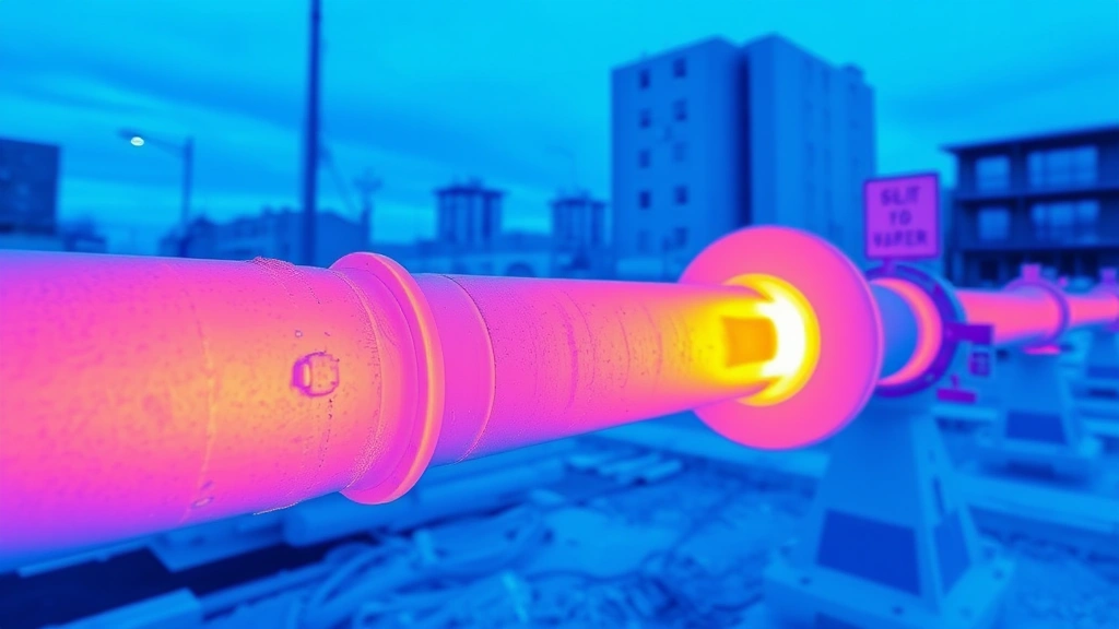Thermographic infrared image showing heat signature of natural gas escaping from corroded pipeline joint in urban setting, with cool blue background transitioning to warm orange and red at leak source, photorealistic thermal imaging visualization