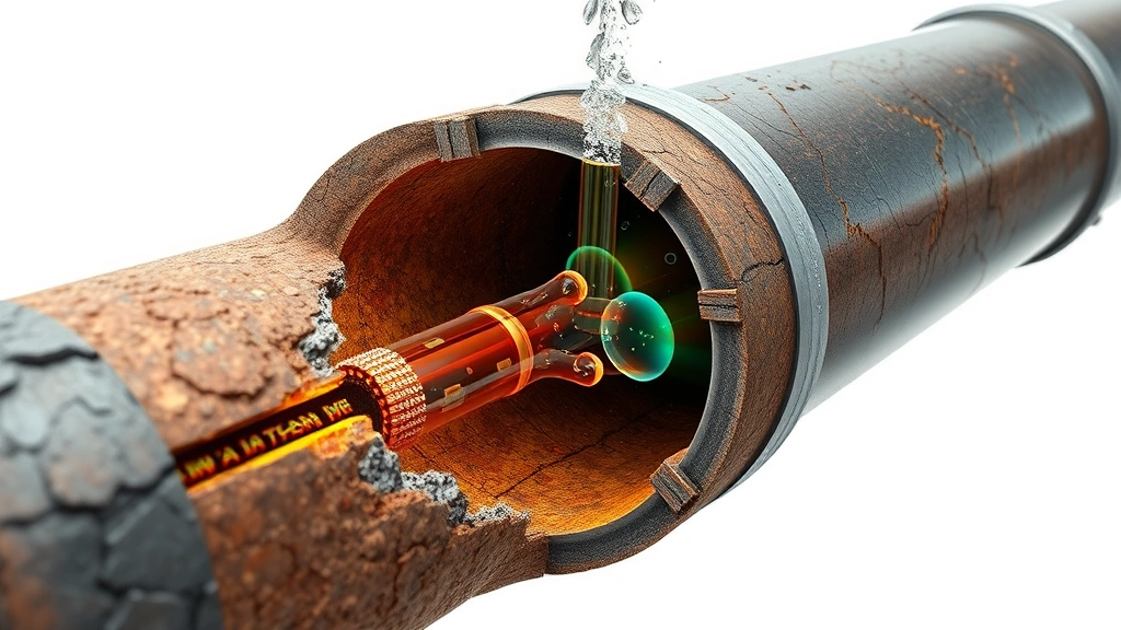 Cross-section technical visualization of natural gas pipeline showing internal corrosion damage and micro-fractures allowing methane escape, with molecular representations of methane gas dispersing upward, realistic industrial materials and deterioration patterns