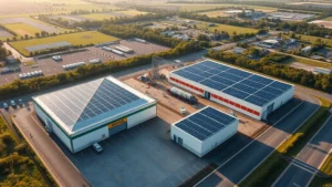 Aerial view of a modern fuel distribution terminal with solar panels on rooftops, surrounded by green landscape and renewable energy infrastructure, morning sunlight