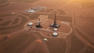 Aerial view of West Texas Permian Basin landscape showing oil and gas drilling pads surrounded by desert terrain and sparse vegetation, late afternoon golden light