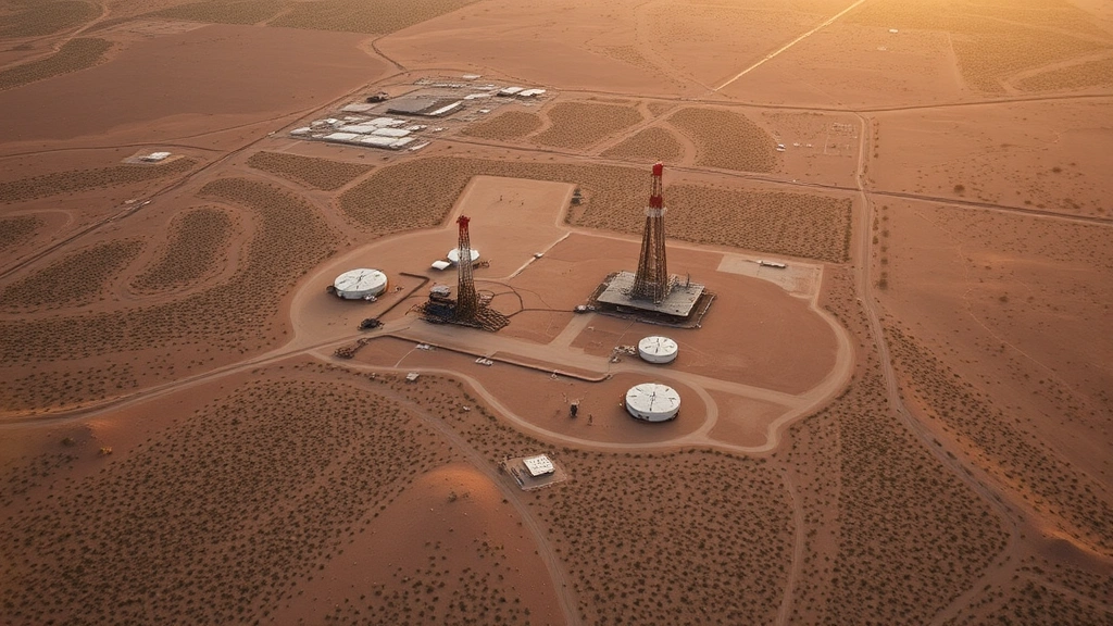 Aerial view of West Texas Permian Basin landscape showing oil and gas drilling pads surrounded by desert terrain and sparse vegetation, late afternoon golden light