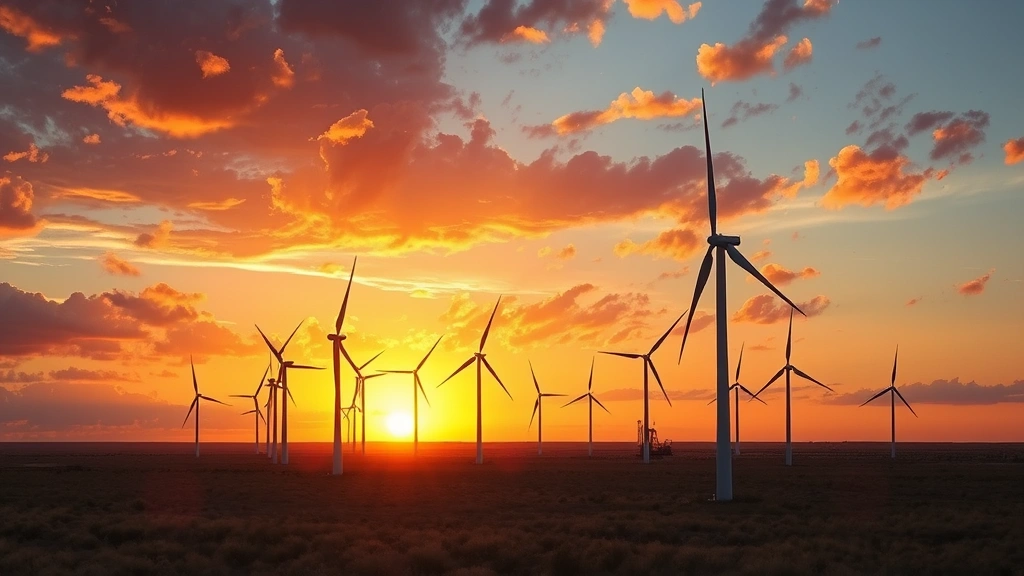 Modern wind turbines on West Texas plains at sunset with dramatic clouds, renewable energy infrastructure replacing fossil fuel dependence