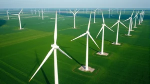 Aerial view of wind turbines in a green field with white modern turbines spinning, renewable energy landscape, natural lighting, no text or labels