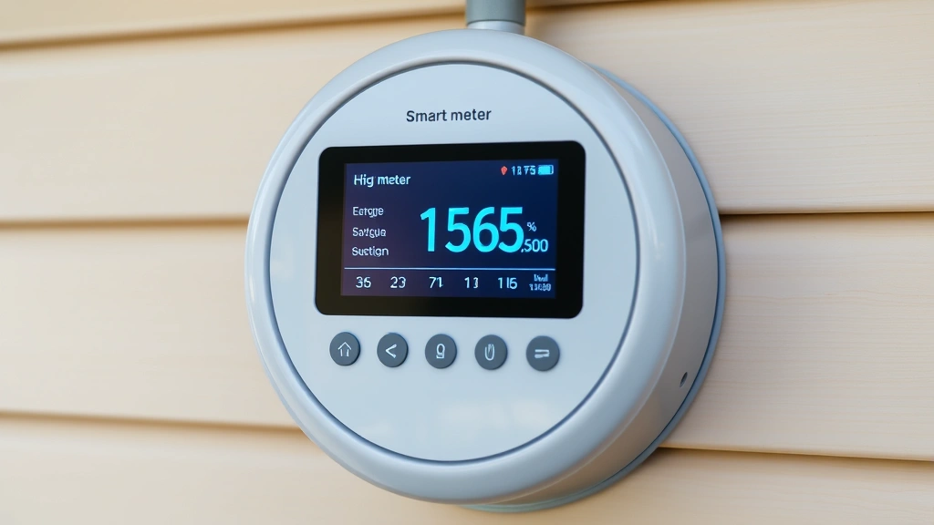 Modern smart meter display showing energy consumption data on a residential home's exterior wall, digital interface, clean installation, no identifying information visible