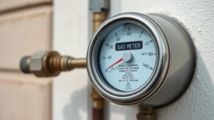 Close-up of a residential gas meter mounted on exterior wall with meter display visible, showing measurement dial and connection ports, daytime lighting, clear focus on meter details