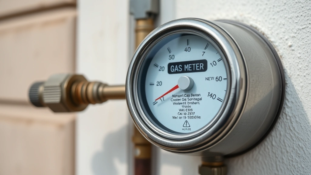 Close-up of a residential gas meter mounted on exterior wall with meter display visible, showing measurement dial and connection ports, daytime lighting, clear focus on meter details