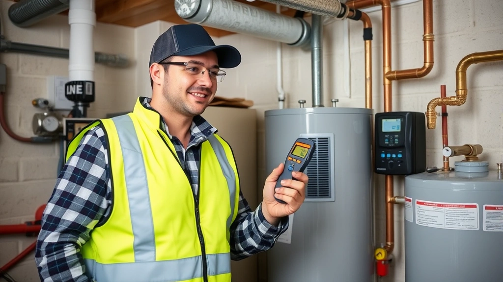 Professional HVAC technician in safety vest using handheld combustible gas detector near water heater in basement, concentrated expression, specialized equipment visible, professional setting
