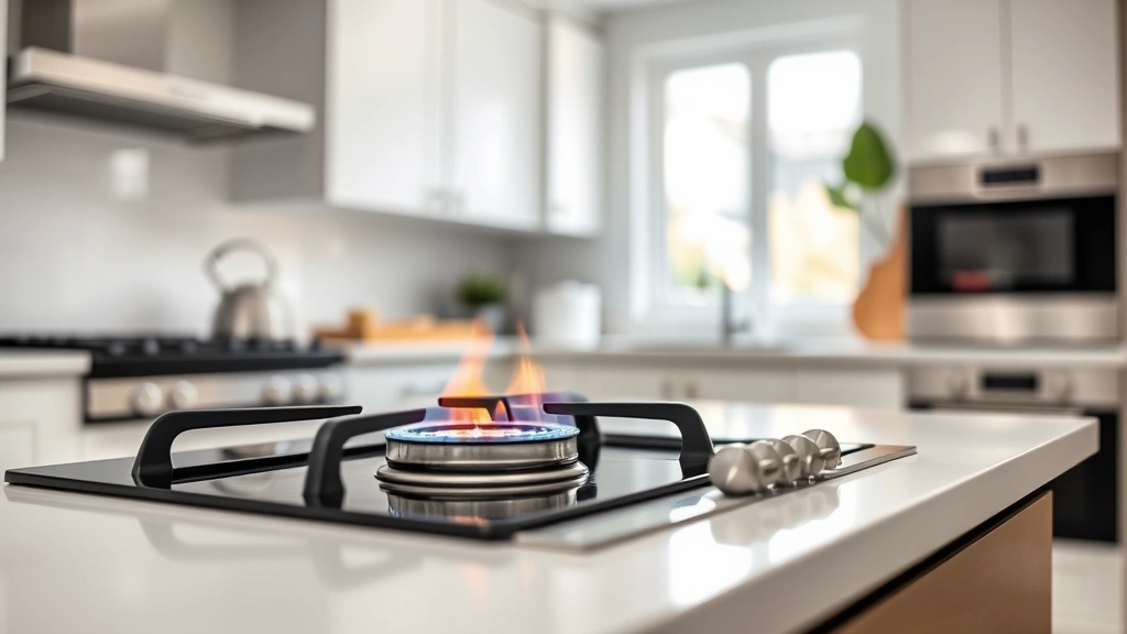 Interior kitchen scene showing gas stove burner with flame, modern kitchen appliances in background, natural lighting through window, clean countertops, modern home environment