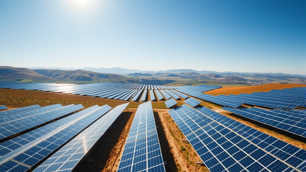 Expansive solar panel farm stretching across rolling hills under bright sunshine, photorealistic landscape view capturing clean energy generation infrastructure