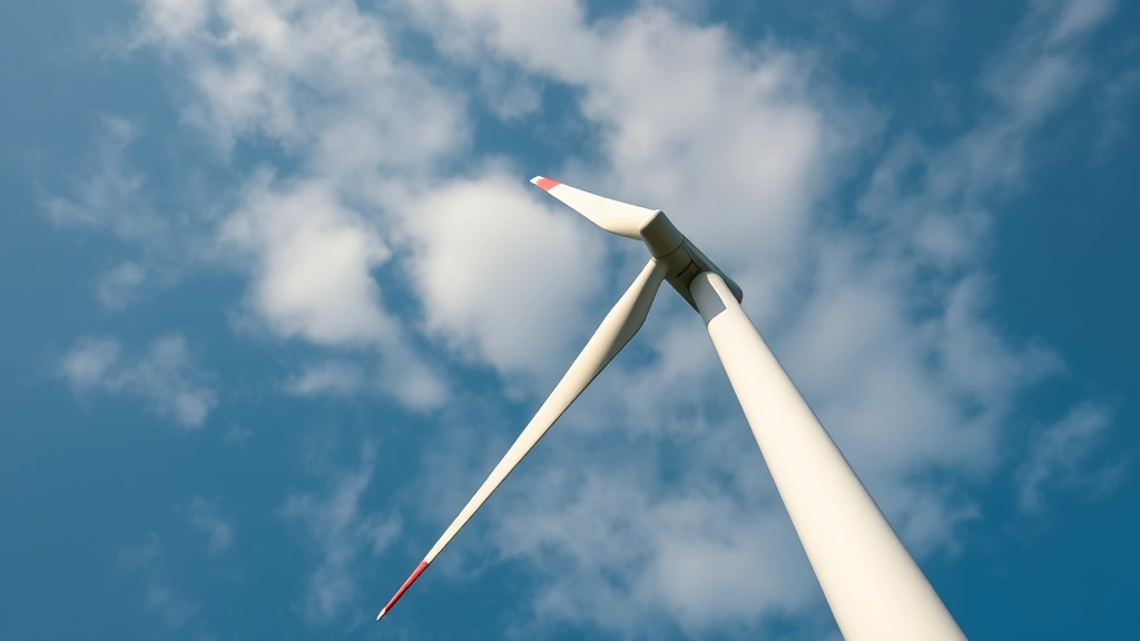 Modern wind turbine against blue sky with clouds, single large turbine photographed from below showing sustainable renewable energy technology