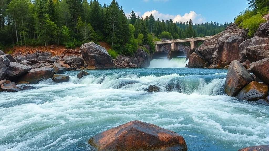 Flowing river water over rocky terrain with natural forest surroundings, hydroelectric power generation setting showcasing water energy potential