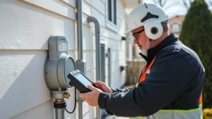 Professional home safety inspector examining gas meter and lines with digital detection equipment in bright daylight, residential exterior setting, no text or labels visible