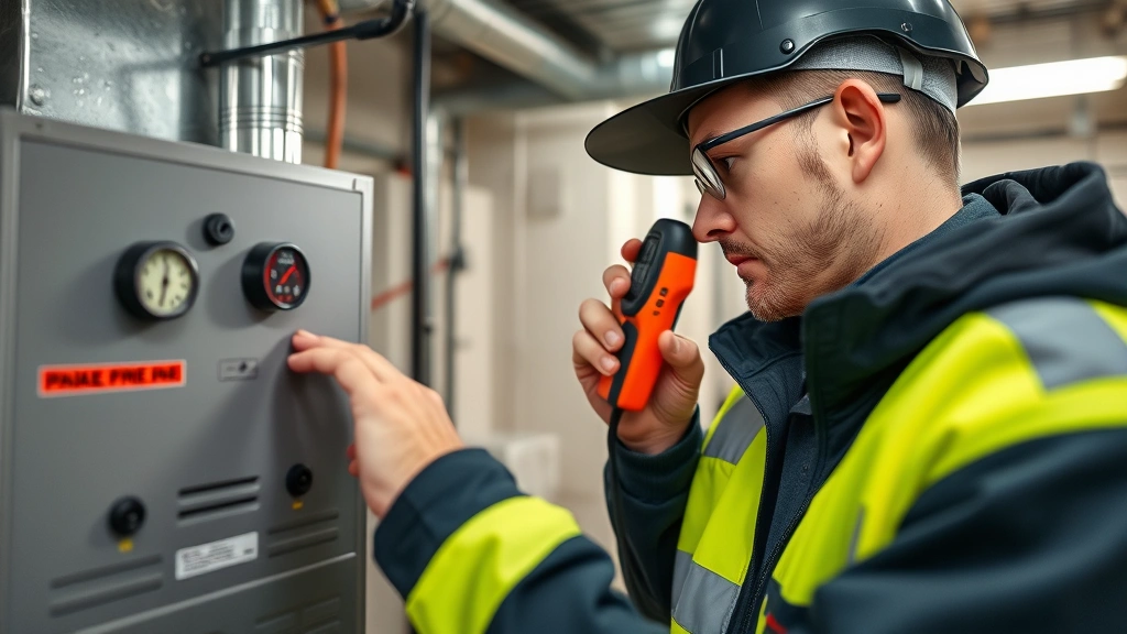 Close-up of technician conducting safety inspection with handheld gas detector near furnace system, indoor basement or utility room, modern professional equipment, no visible text