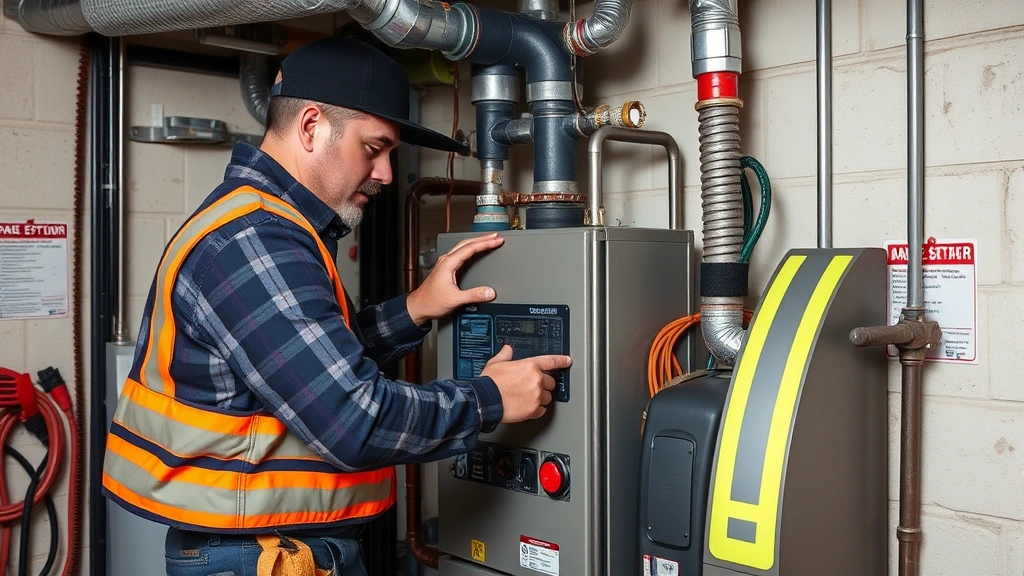 Qualified HVAC technician performing maintenance on residential gas heating system with proper safety gear and tools, clean utility space, no signage or identifying marks