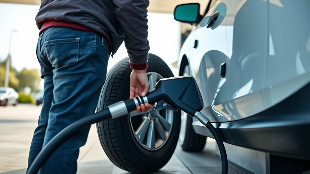 Person inflating vehicle tire at modern digital air pump station at gas station, bright daylight, sustainable practices focus, realistic photography