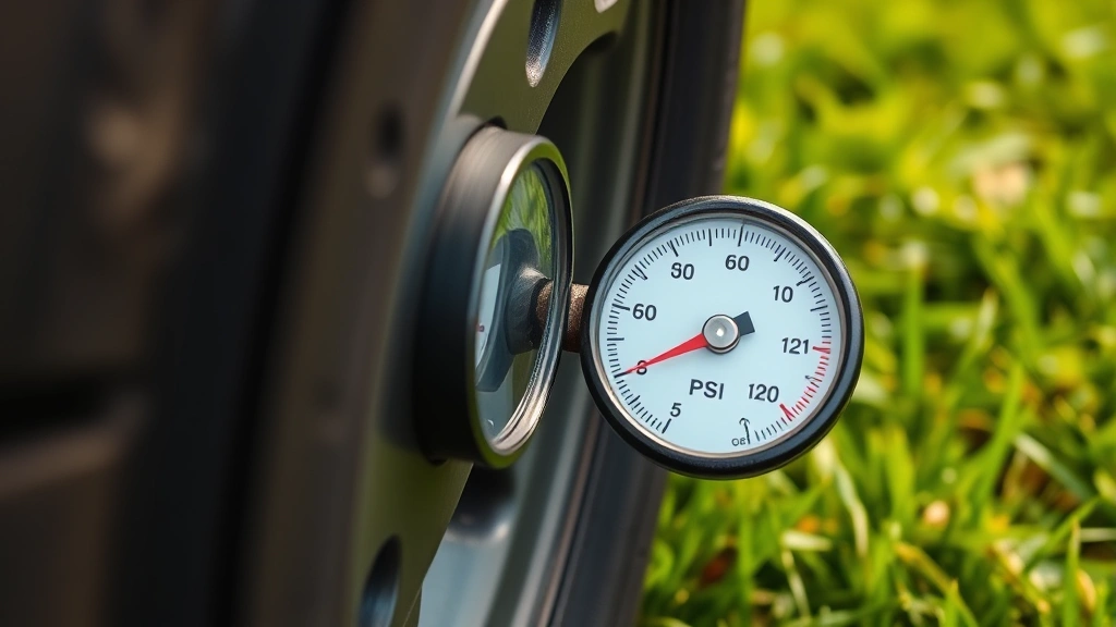 Close-up of tire pressure gauge showing proper PSI reading on vehicle wheel, green grass background, environmental responsibility concept, detailed realistic image
