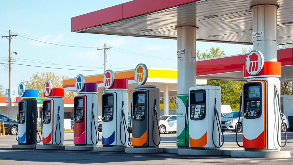 Lineup of various gas station air pump designs at different locations, daytime outdoor setting, community infrastructure, photorealistic quality
