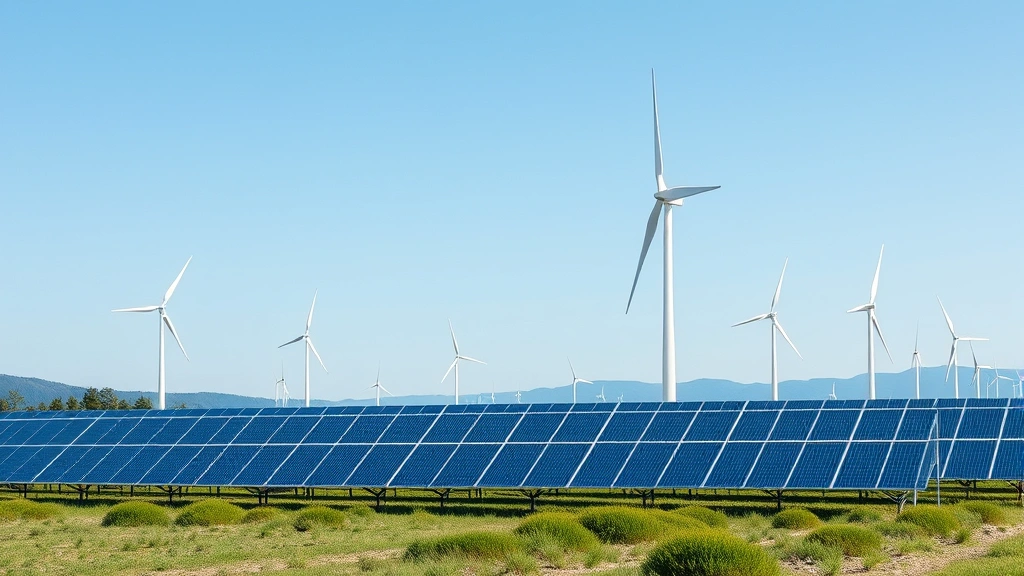 Industrial energy production facility with solar panels and wind turbines integrated into landscape, modern sustainable power generation infrastructure, photorealistic daytime scene