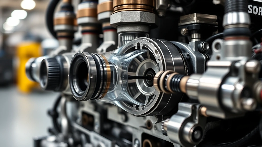 Close-up of advanced fuel injection system with clean combustion chamber, technical engineering detail, precision manufacturing environment, industrial setting