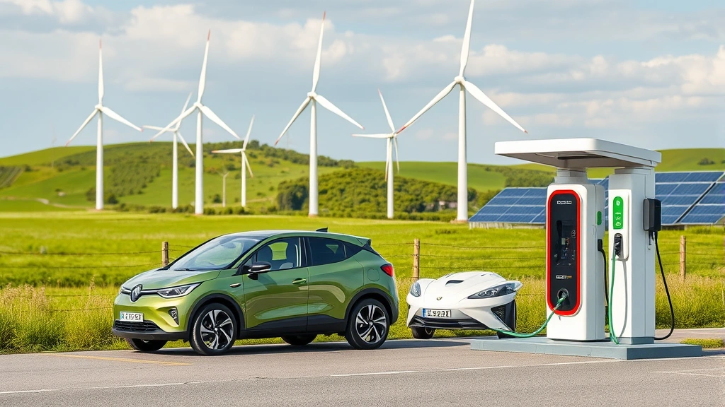 Renewable energy transition concept showing electric vehicle charging station alongside wind farm, clean energy infrastructure, modern sustainable technology deployment