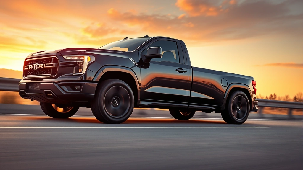 Modern pickup truck on highway at sunset, sleek aerodynamic design, turbocharged engine badge visible, professional automotive photography, natural lighting