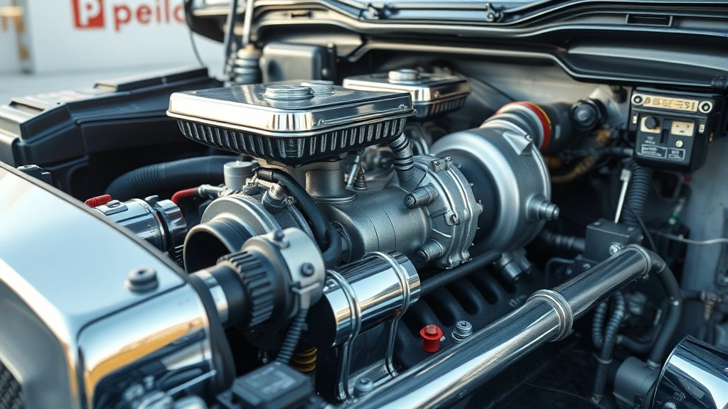 Diesel truck engine bay detail, precision engineering, turbocharger components visible, chrome details catching light, professional automotive documentation style
