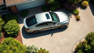 Overhead view of modern fuel-efficient hybrid sedan parked in sunny driveway surrounded by green landscaping and flowers, emphasizing eco-friendly transportation choice
