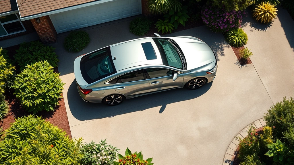 Overhead view of modern fuel-efficient hybrid sedan parked in sunny driveway surrounded by green landscaping and flowers, emphasizing eco-friendly transportation choice