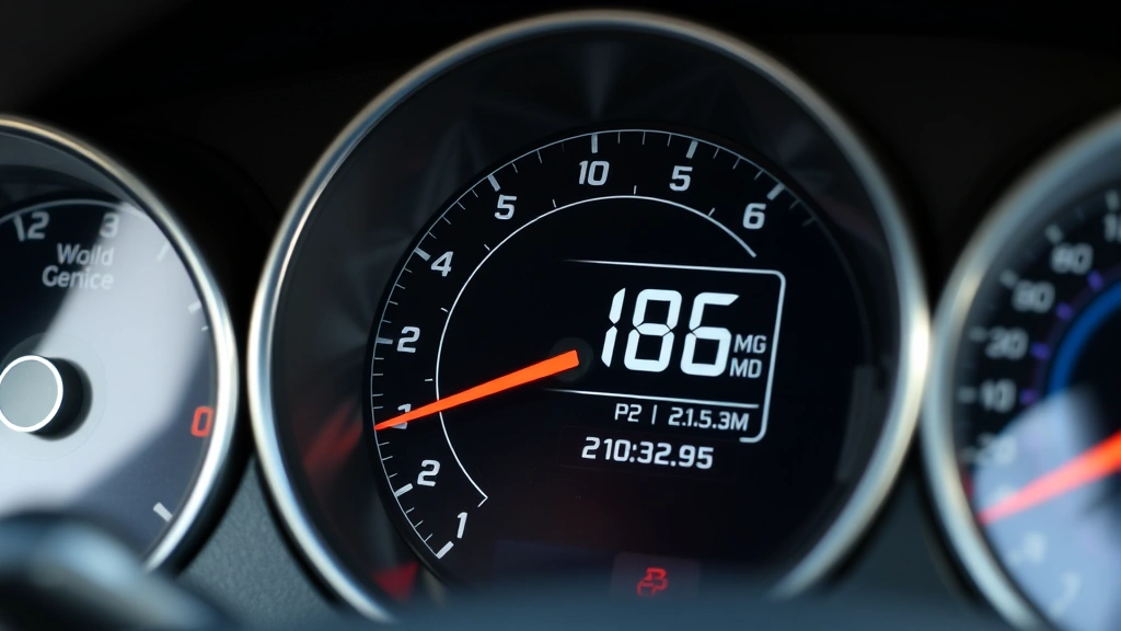 Close-up of car's fuel gauge showing nearly empty tank, with digital dashboard displaying high MPG efficiency metrics and eco-driving mode activated