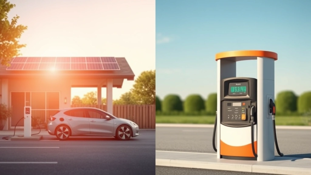 Split-screen comparison showing electric vehicle charging at home station with solar panels above, contrasted with traditional gas pump on opposite side, sustainability focus