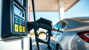 Gas pump dispensing unleaded fuel into a silver sedan at a modern service station, showing the octane rating display and pump handle, daylight setting with blue sky