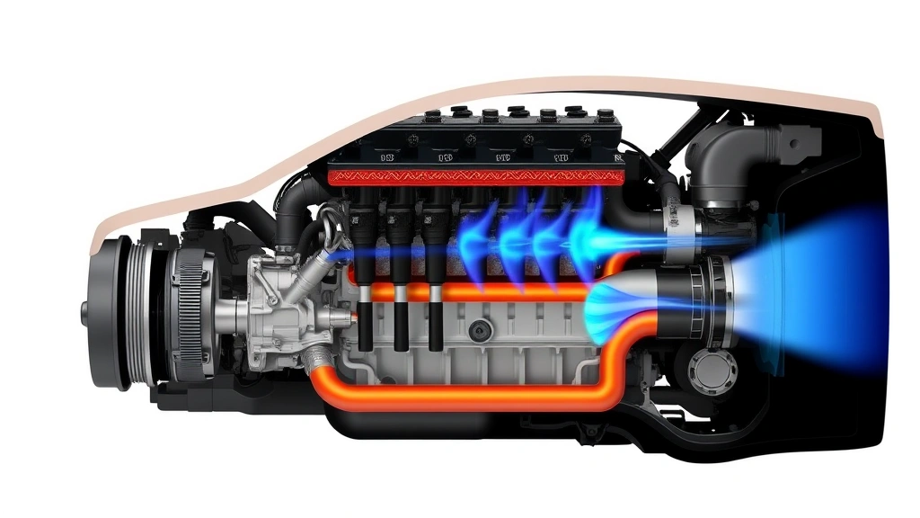 Cross-section diagram of a car engine burning clean unleaded gasoline with minimal emissions, showing fuel injectors and combustion chamber with blue flames