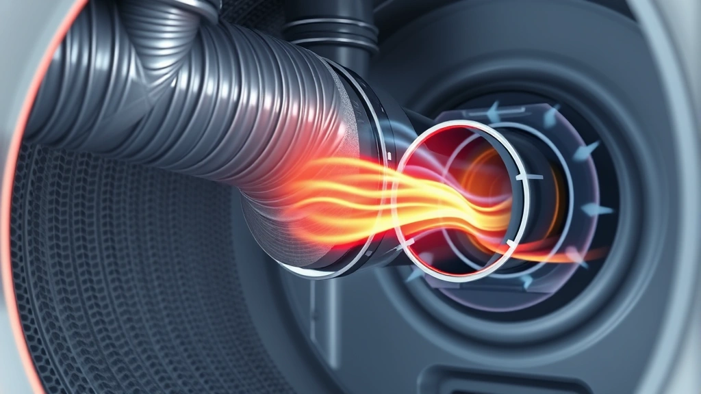 Close-up of efficient gas dryer vent system with proper exhaust flow visualization, showing clean metal ducting and external vent opening with flowing air illustration, photorealistic