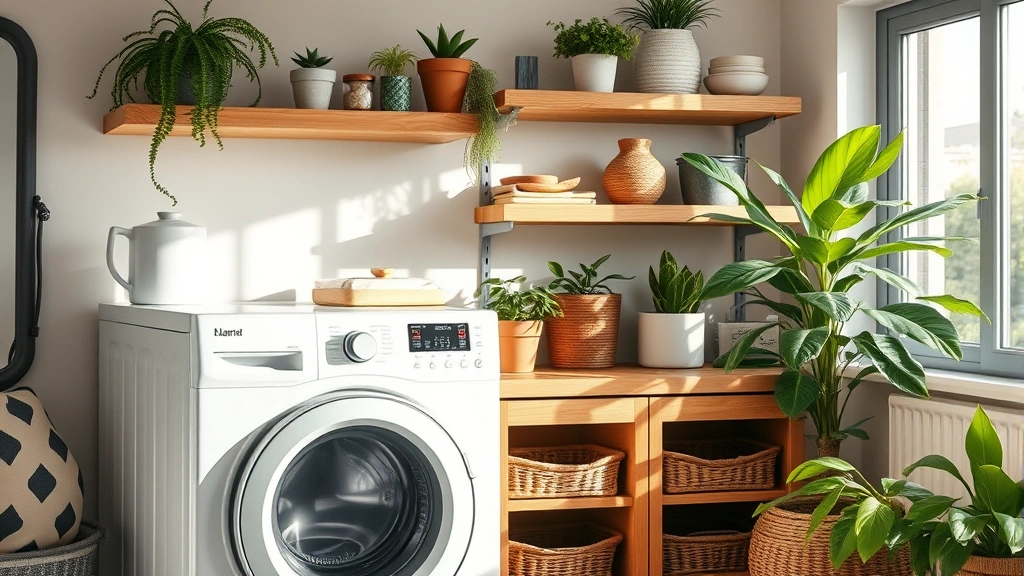 Eco-friendly home laundry setup with efficient gas dryer, sustainable wooden shelving, plants, natural lighting emphasizing energy-conscious household, no product labels or text