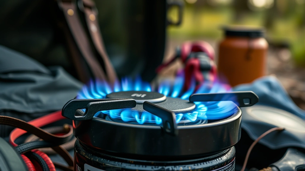 Close-up of portable camping stove burning white gas with blue flame, surrounded by outdoor camping equipment in natural wilderness setting, photorealistic detail