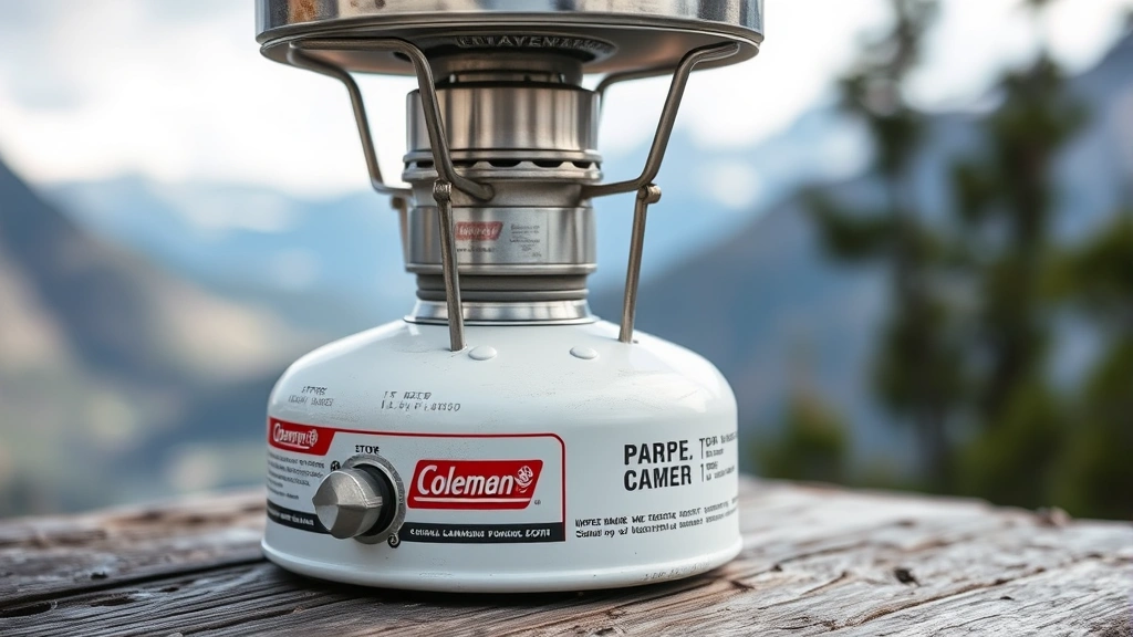 Close-up of a vintage Coleman white gas camping stove sitting on a weathered wooden surface with mountains visible in soft-focus background, showing intricate burner details and metal construction