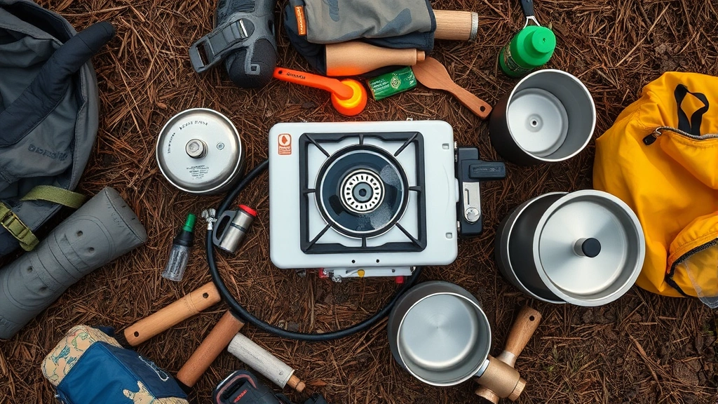 Overhead view of a full camping setup featuring a white gas stove with boiling water, surrounded by reusable metal cookware and eco-friendly camping gear on natural ground with pine needles