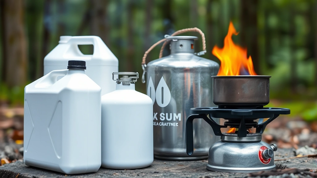 Side profile of white gas fuel containers and refillable metal tanks arranged next to a functioning stove with visible flame, emphasizing durability and reusable equipment design against natural forest backdrop