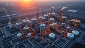 Aerial view of massive oil refinery complex with multiple distillation towers, storage tanks, and pipelines at sunrise, industrial infrastructure in landscape