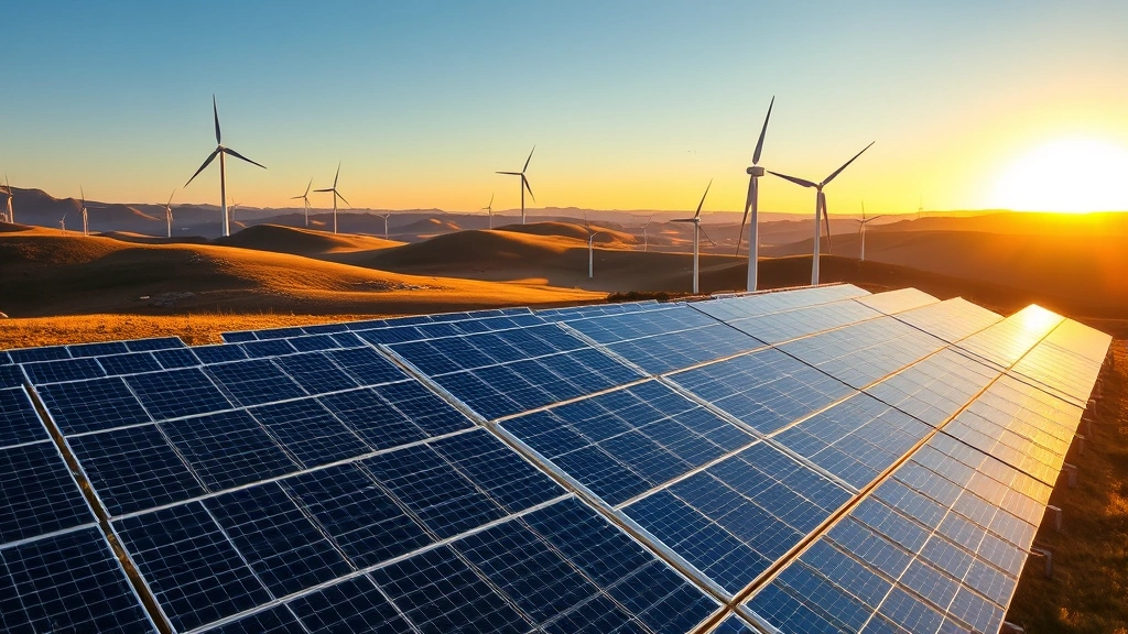 Solar panel array and wind turbine farm in rolling hills during golden hour, clean renewable energy generation infrastructure under blue sky