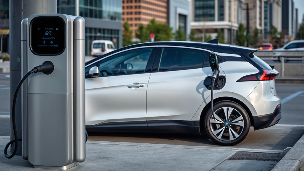 Modern electric vehicle charging at public charging station in urban downtown area, sleek EV connected to charger with city buildings in background