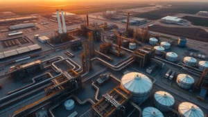 Aerial view of massive oil refinery complex with industrial structures, pipelines, and storage tanks at sunset, showing infrastructure complexity without visible text or signage