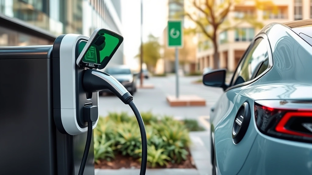 Electric vehicle charging station in modern urban environment with charging cable connected, demonstrating sustainable transportation alternative with clean energy symbolism