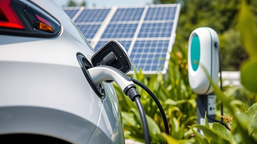 Close-up of an electric vehicle charging station with a car plugged in, surrounded by green plants and solar panels in background, clean modern sustainable energy infrastructure