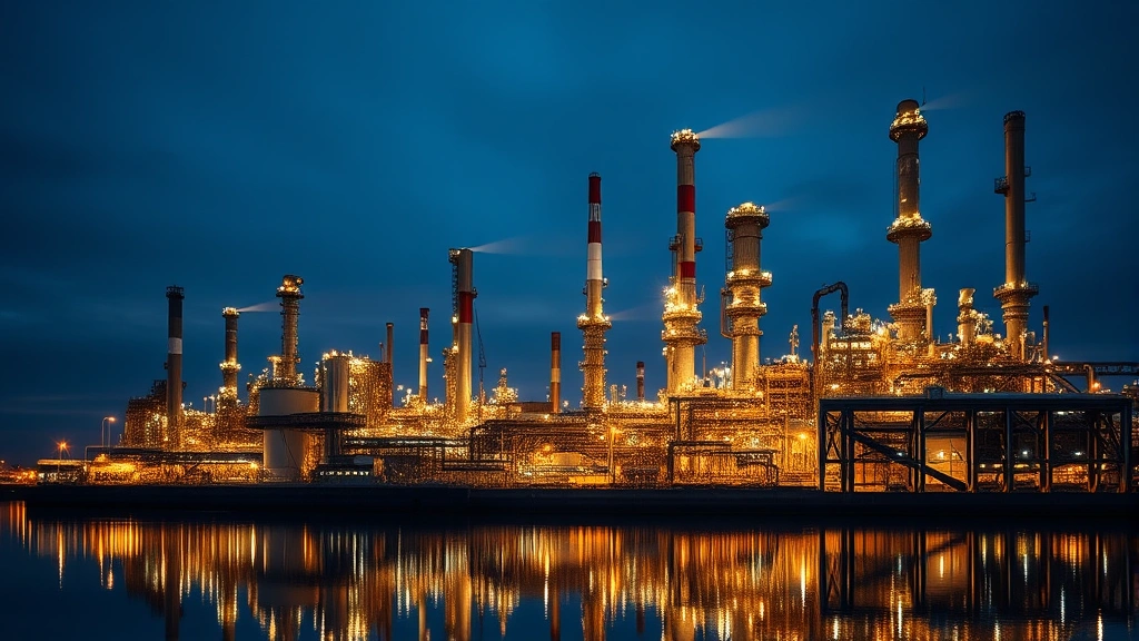 Oil refinery complex at dusk with illuminated industrial structures, cooling towers, and piping systems reflected in water, showing the scale of petroleum processing infrastructure
